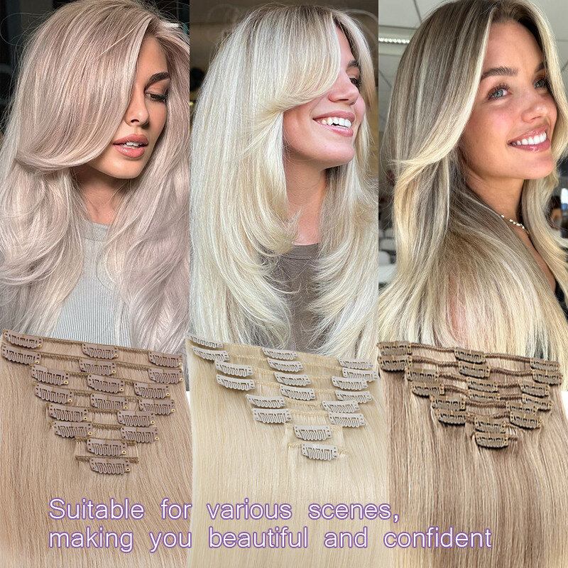 Real Remy Hair Clip In 100% Human Hair Extensions 8Pieces with 18Clips Full Head