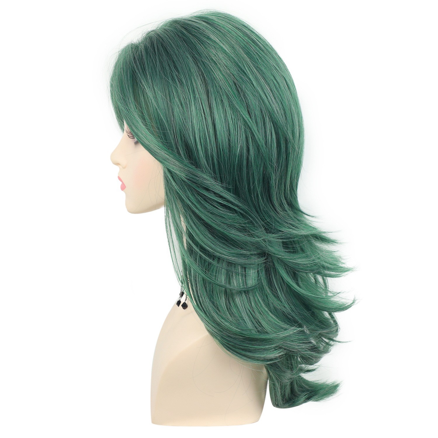 Green Synthetic Wig Medium Length Layered Hairpiece for Cosplay & Daily Wear