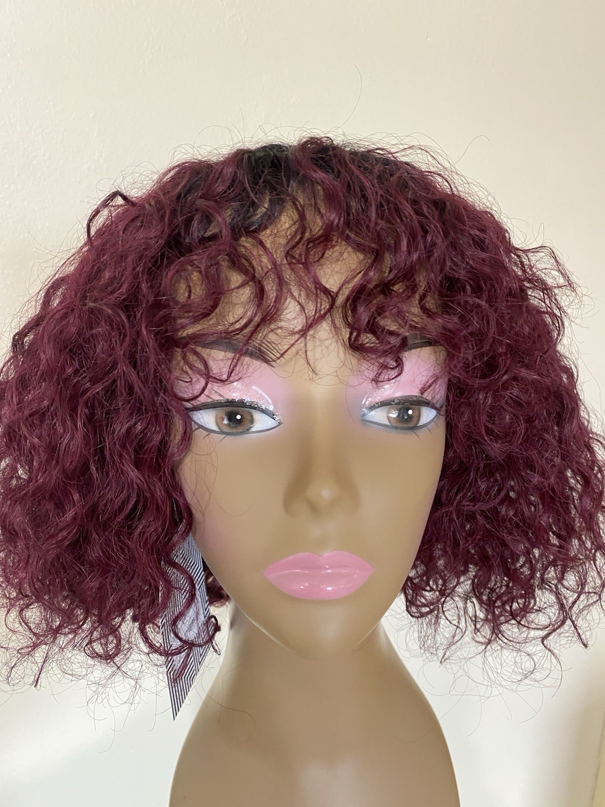 Curly Human Hair Bob Wig with Bangs Ombre Burgundy TT1B/99J Non Lace Glue-Less