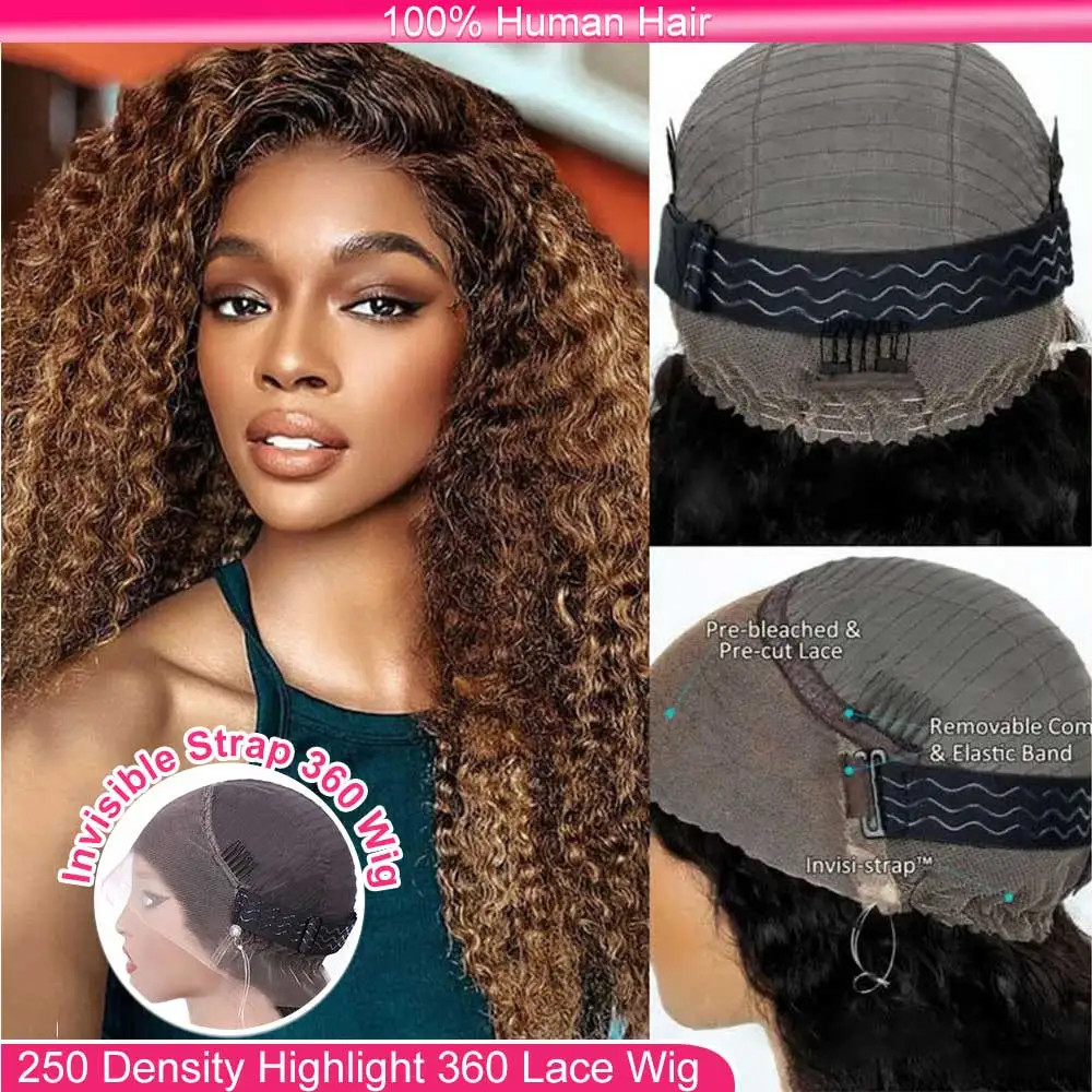 Invisible Strap Highlight Blonde 360 Full Hd Lace Front Wig Glueless Wig Curly