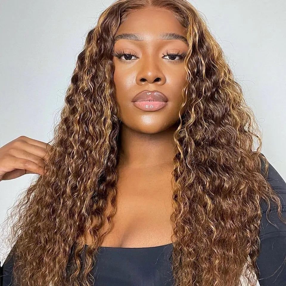 28inch Highlight Ombre Lace Front Wig Human Hair 13×4 HD Honey Blonde 4/27 De…