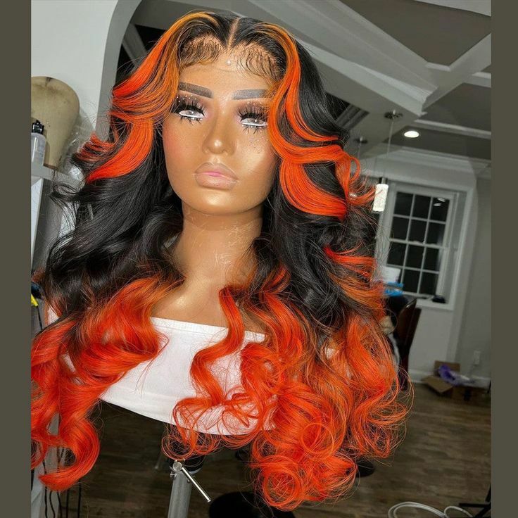 18 Inch Skunk Stripe Orange Highlight Black Lace Front Wig 4×4 Human Hair Wigs