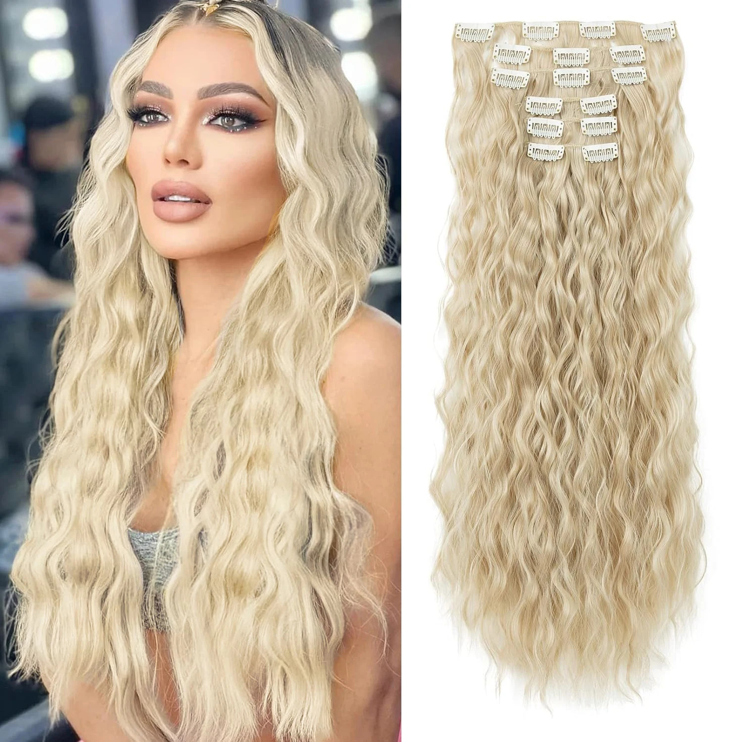 16 Clip In Hair Extensions 22 Inch Water Wave Synthetic Hair For Women