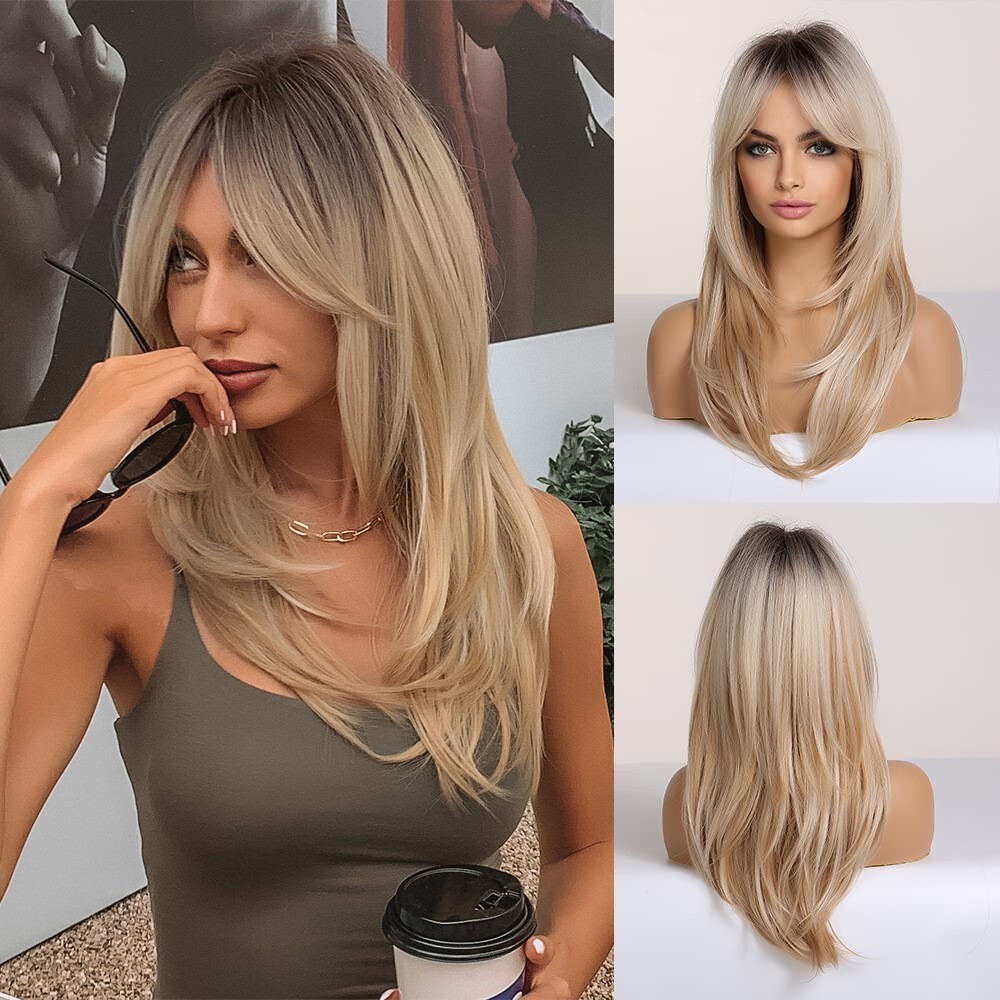 1 Set Brown to Blonde Omber Wigs Synthetic Hair Bangs for Women Lady PrePlucked