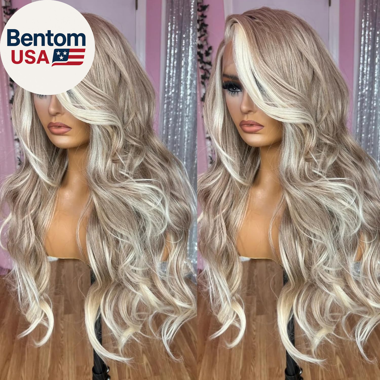 Beige Brown Ombre Platinum Blonde Long Wavy Synthetic Lace Front Wig Pre Plucked
