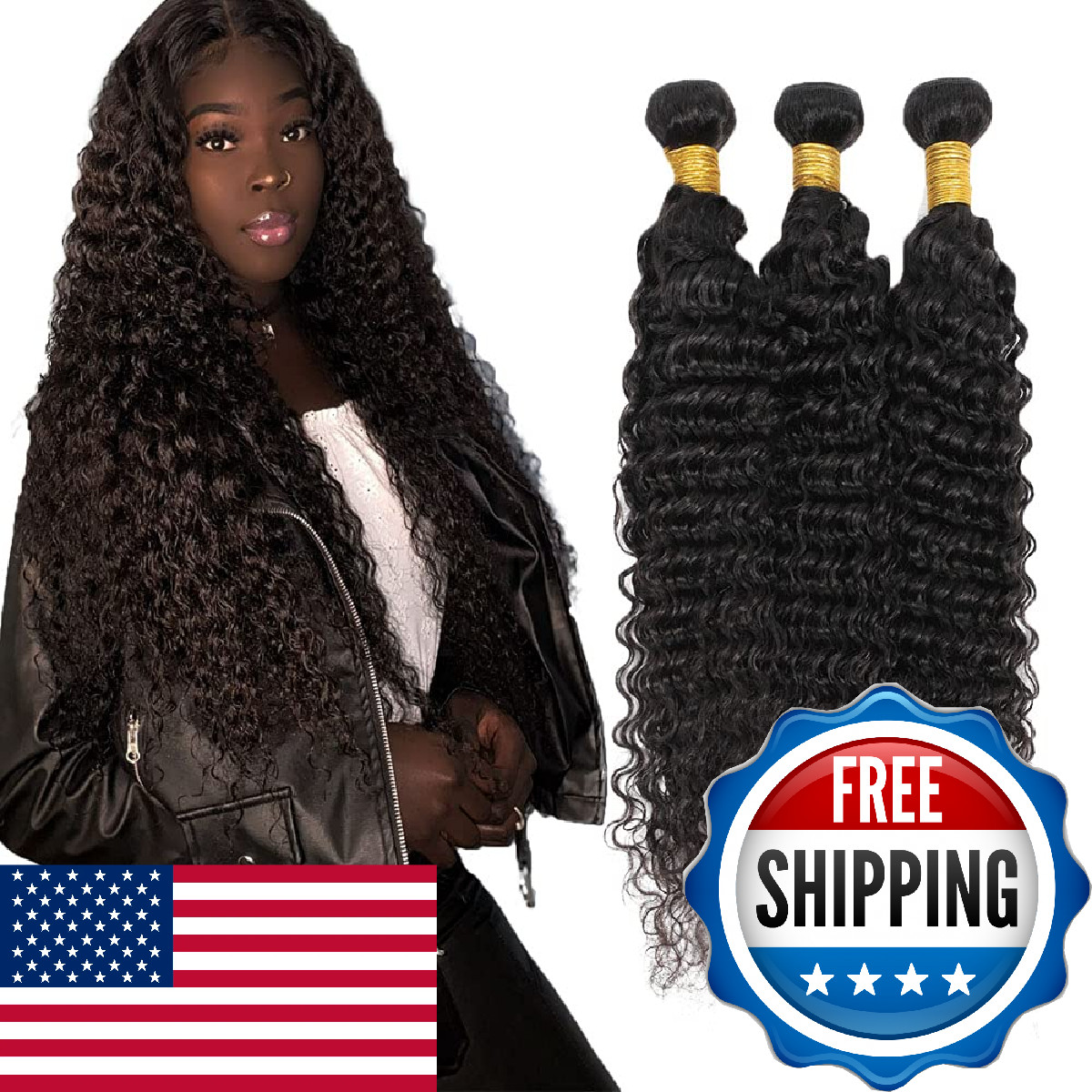 Meaqiiey Deep Wave Bundles Human Hair 16 16 16 Inch 1B Natural Black Deep Curly