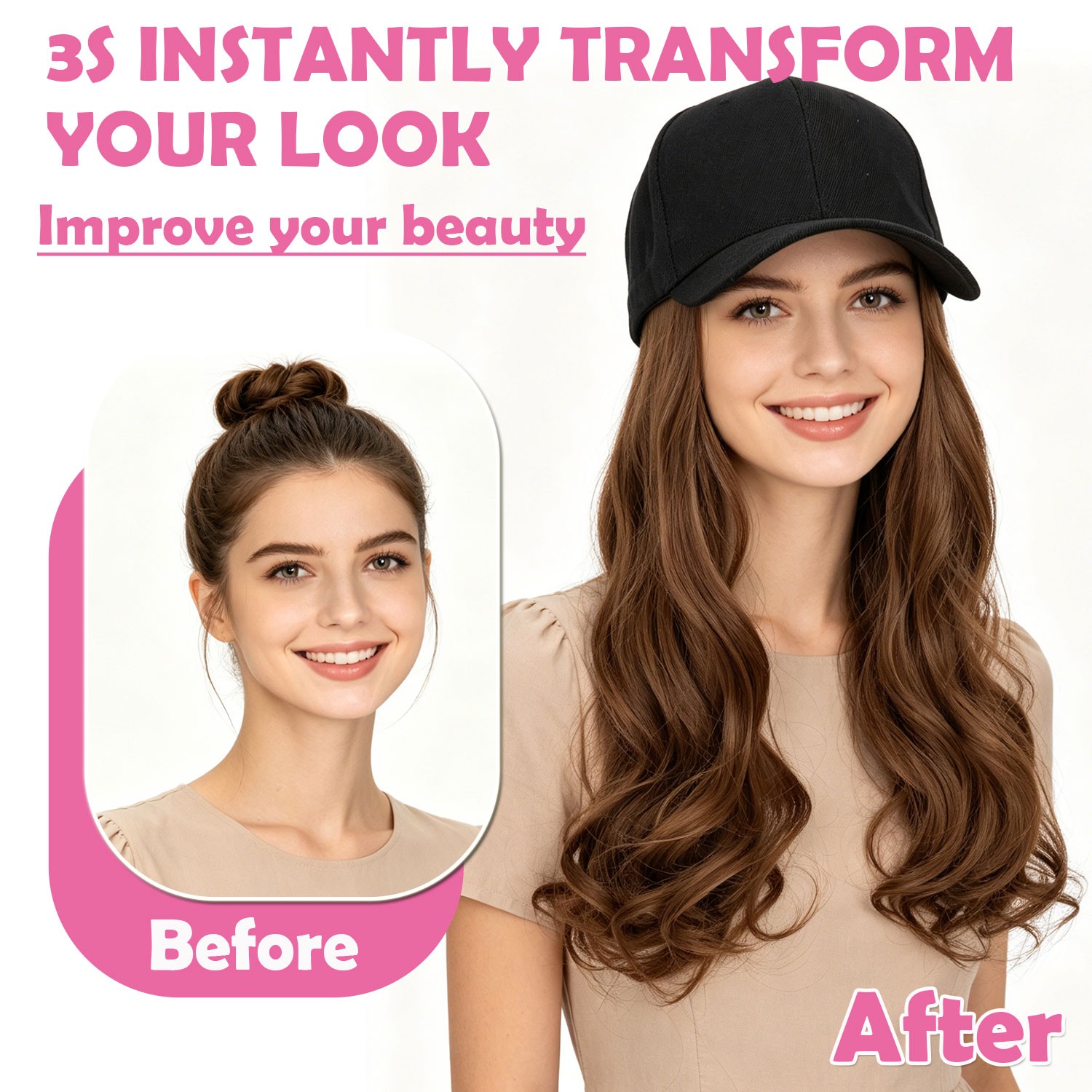Instant Style 16″ Body Wave Cap Wig Adjustable Baseball Hat with Attached Hair M