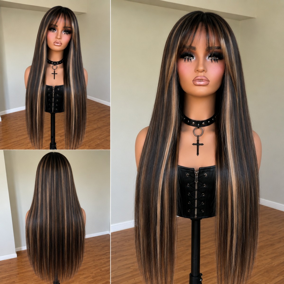 Synthetic Hair Long Straight Dress Up Wigs With Bangs Mixed Brown blonde