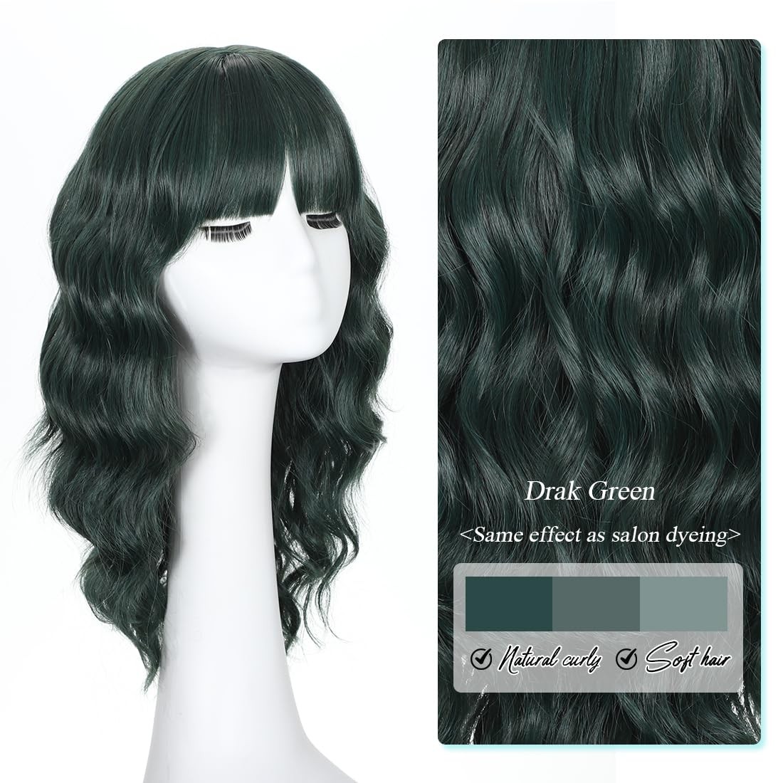 Dark Green Wigs for Women 16 Inch Charming Wig with Bangs for Women Shoulder …