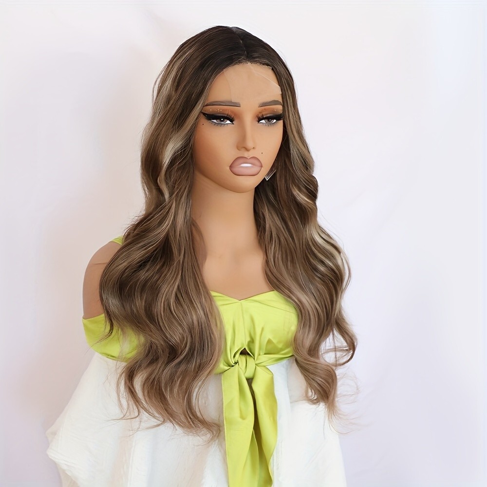 Brown Blonde Ombre Hair Heat Resistant Synthetic No Lace Wigs Full Bangs Women
