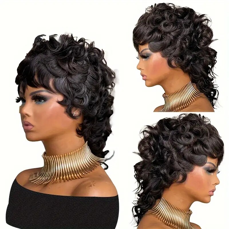 Black Short Mullet Curly Wig Wigs with Bangs Brazilian Hair None Lace Wigs