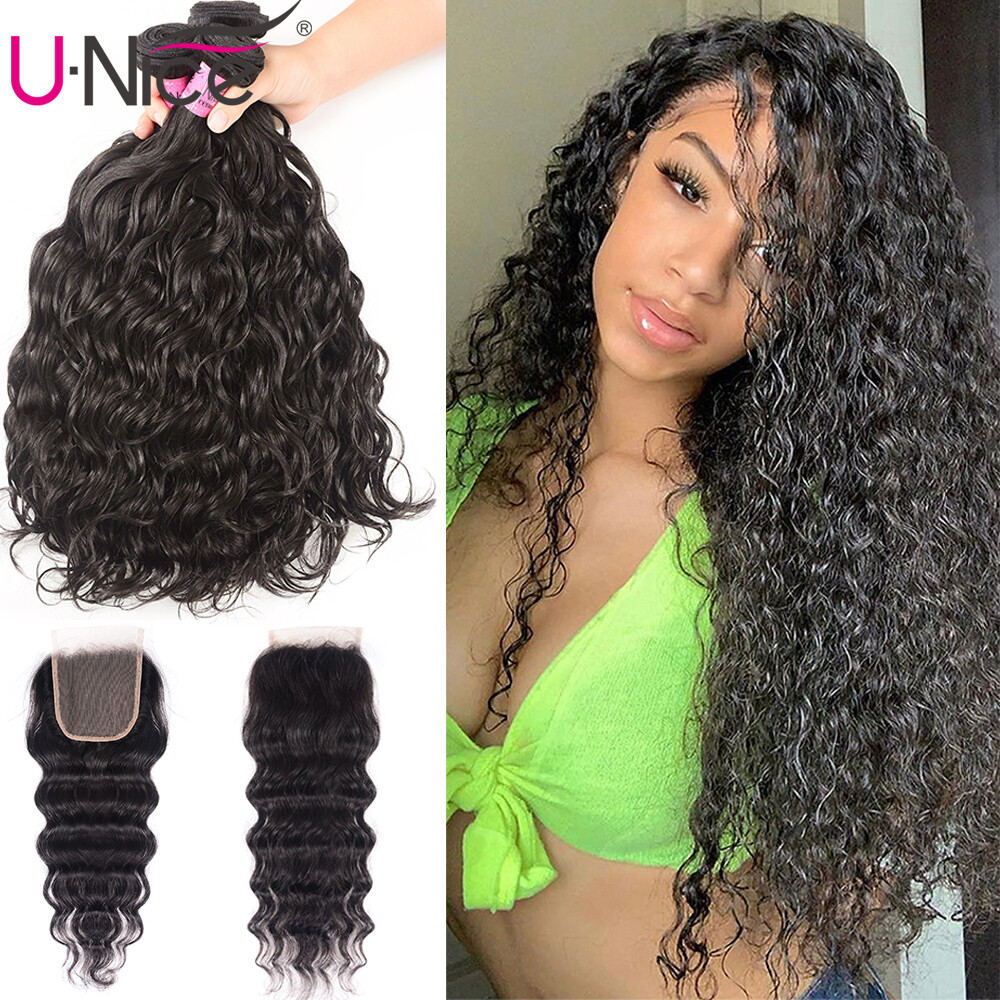 UNice Peruvian Natural Wave 3 Bundles Human Hair Extensions With Lace Closure US