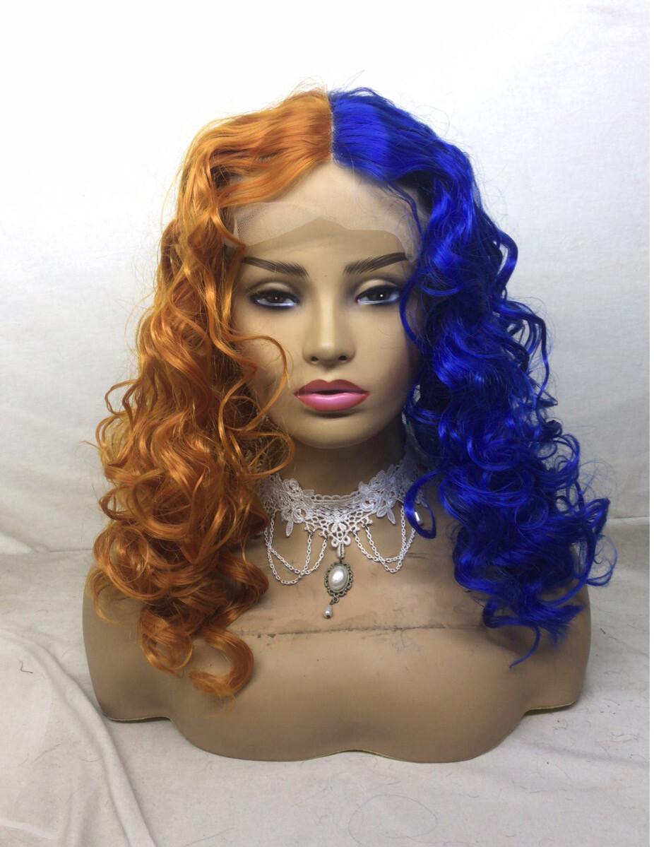 Brown Blue Long Body Wave Wig Synthetic Heat Safe Lace Front Wigs Glueless Party