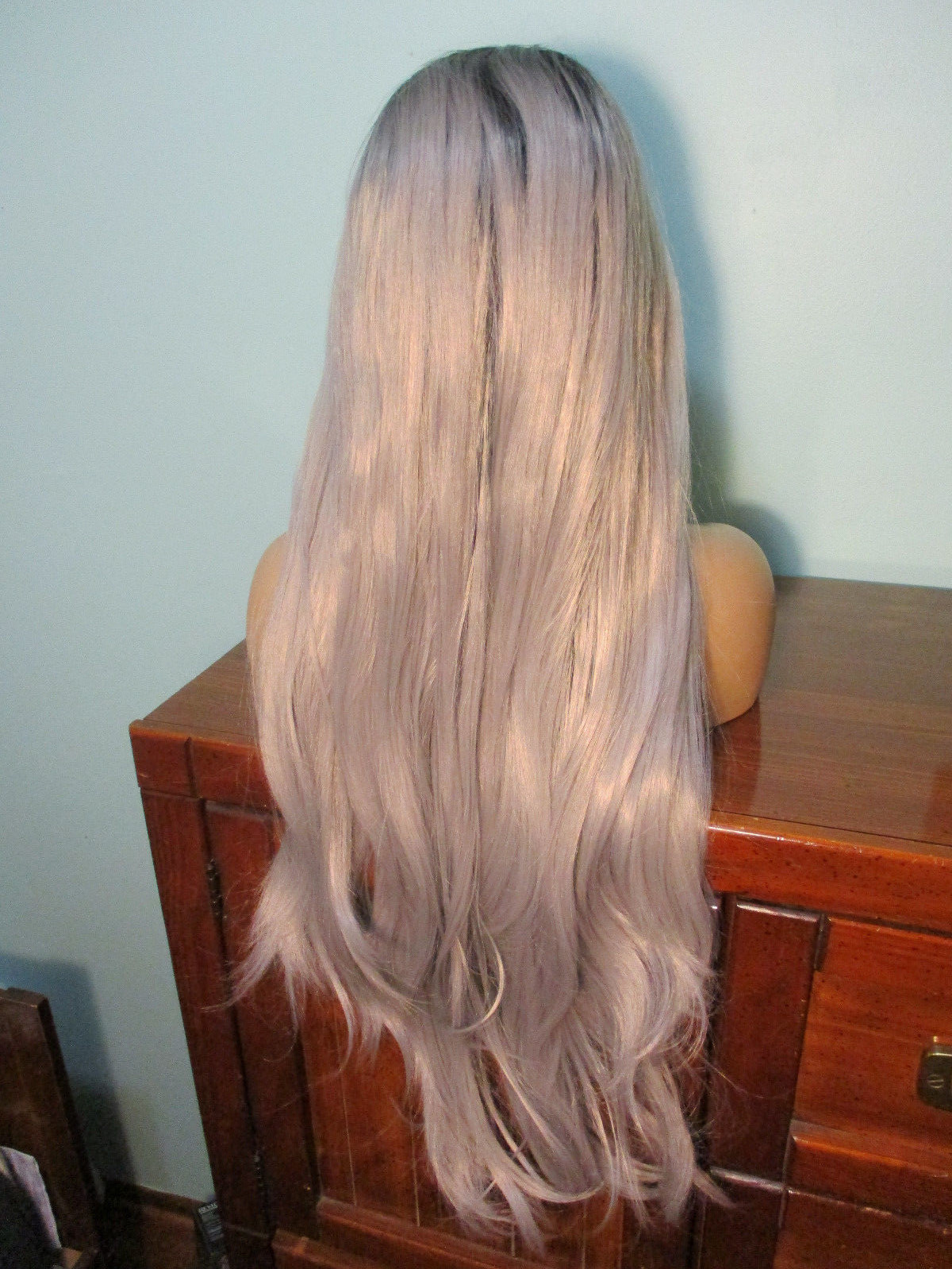 24″ long sleek GRAY with BLACK ROOTS lace front hand tied wig – Miranda