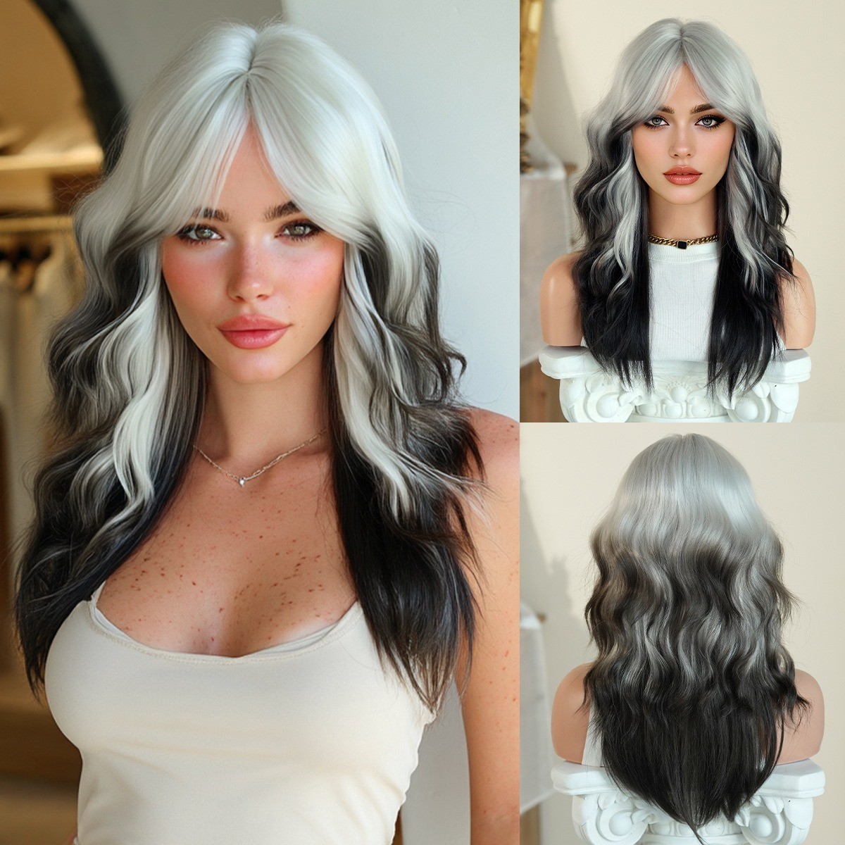 53cm 20in color medium-length wavy long hair with orange faux eight-shaped bangs