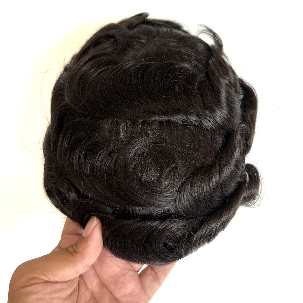 Human Hair Replacement System Mens Toupee 0.12mm Poly Gauze Hairpieces