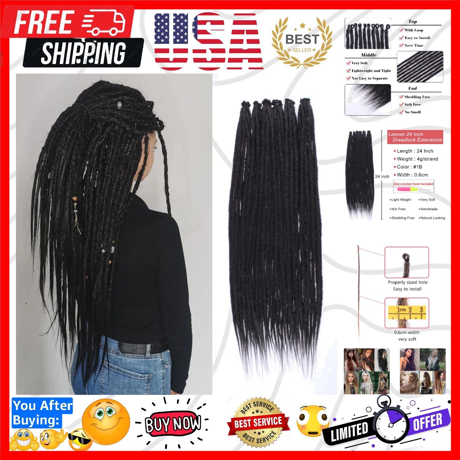 Thin 24 Inch Dreadlock Extensions 0.6 cm Width 20 Strands Natural Black Soft …
