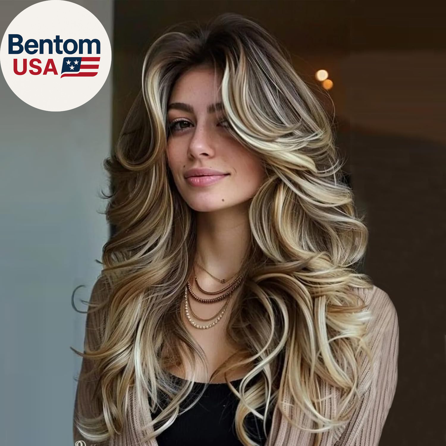Long Wavy Highlight Honey Brown Mixed Blonde Layered Wig with Curtain Bangs for