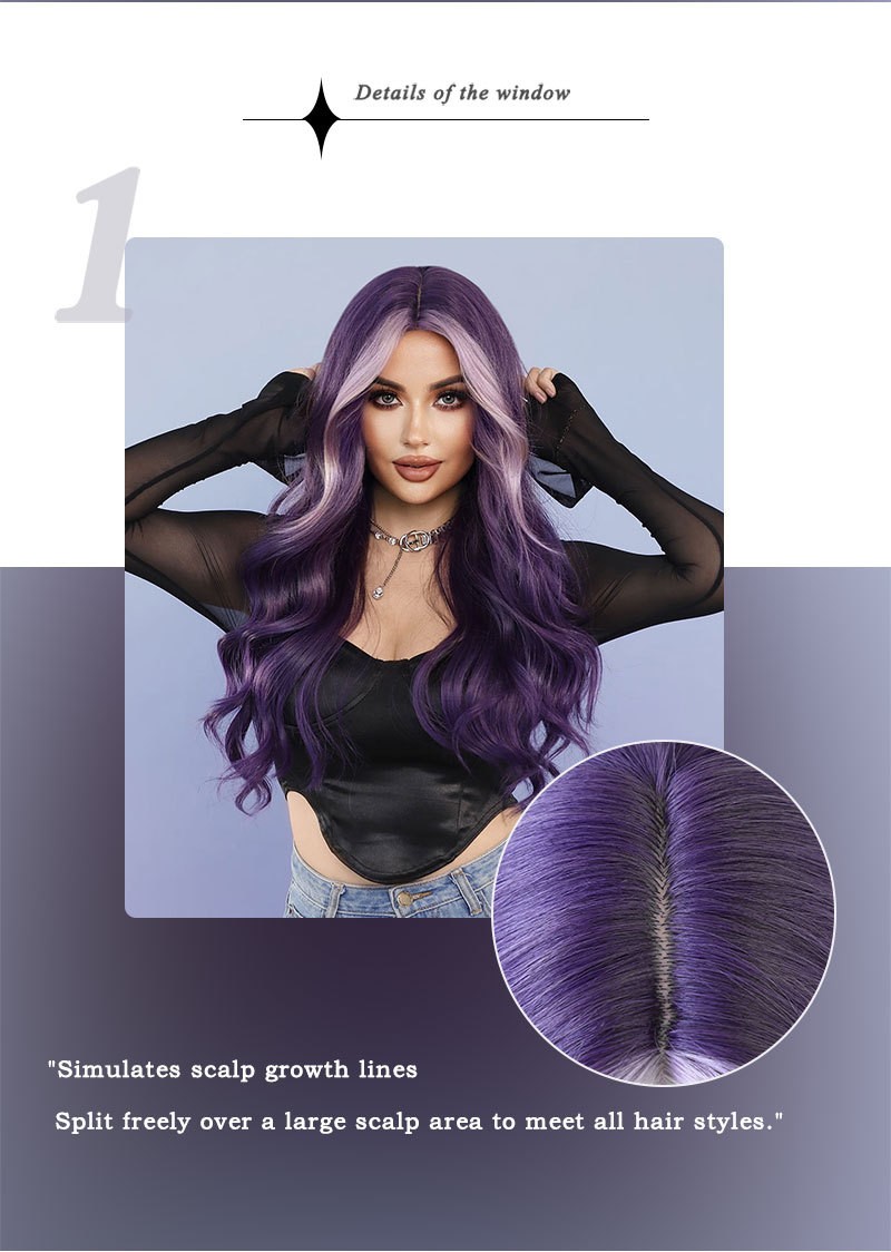 28in Purple Highlighted Pink Long Wavy Wig Heat Resistant Synthetic Cosplay