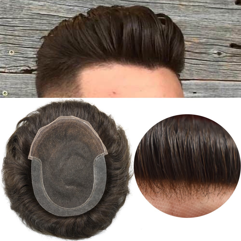 French Lace Front Mens Toupee Poly Skin Hairpieces Human Hair Replacement System