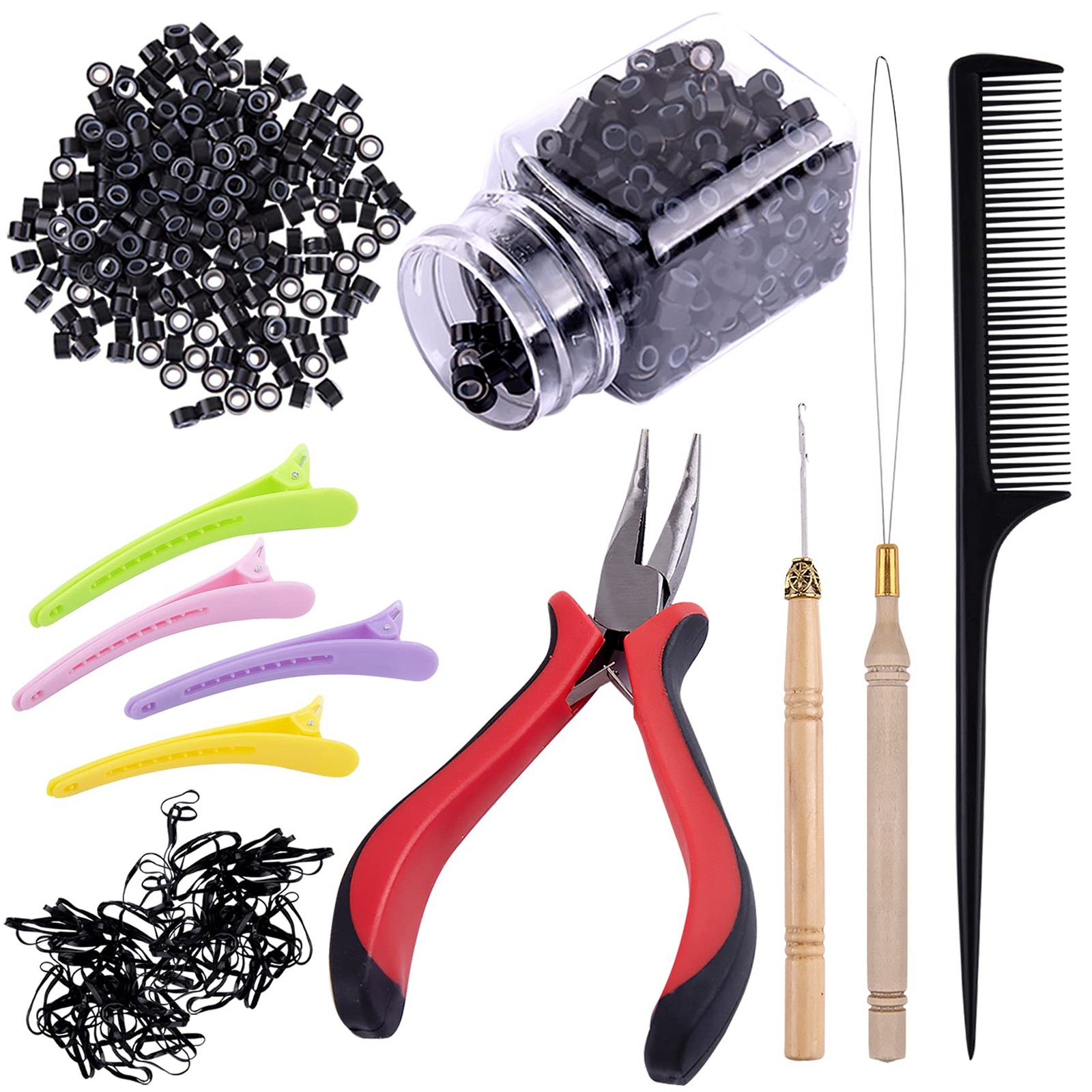 Hair Extensions Kit 500 Pcs Black Micro Ring Beads Extension Plier Clips Comb