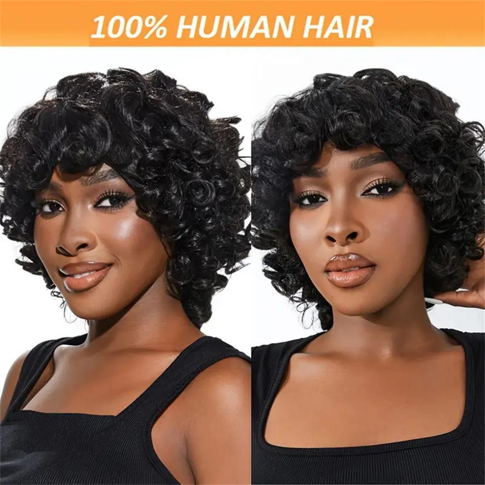 6 Inch Short Curly Human Hair Wigs Loose Bouncy Rose Curly Wigs With Bangs