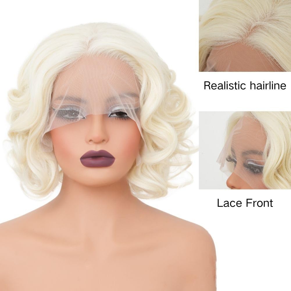 Salaibs Platinum Blonde Short Curly Lace Front Wig for Women, Synthetic