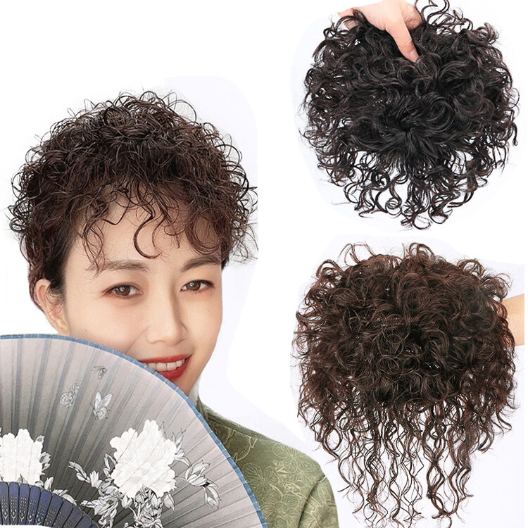 Women Short Curly Topper Toupee Human Hair Lace Front Hairpiece & Extended Tail