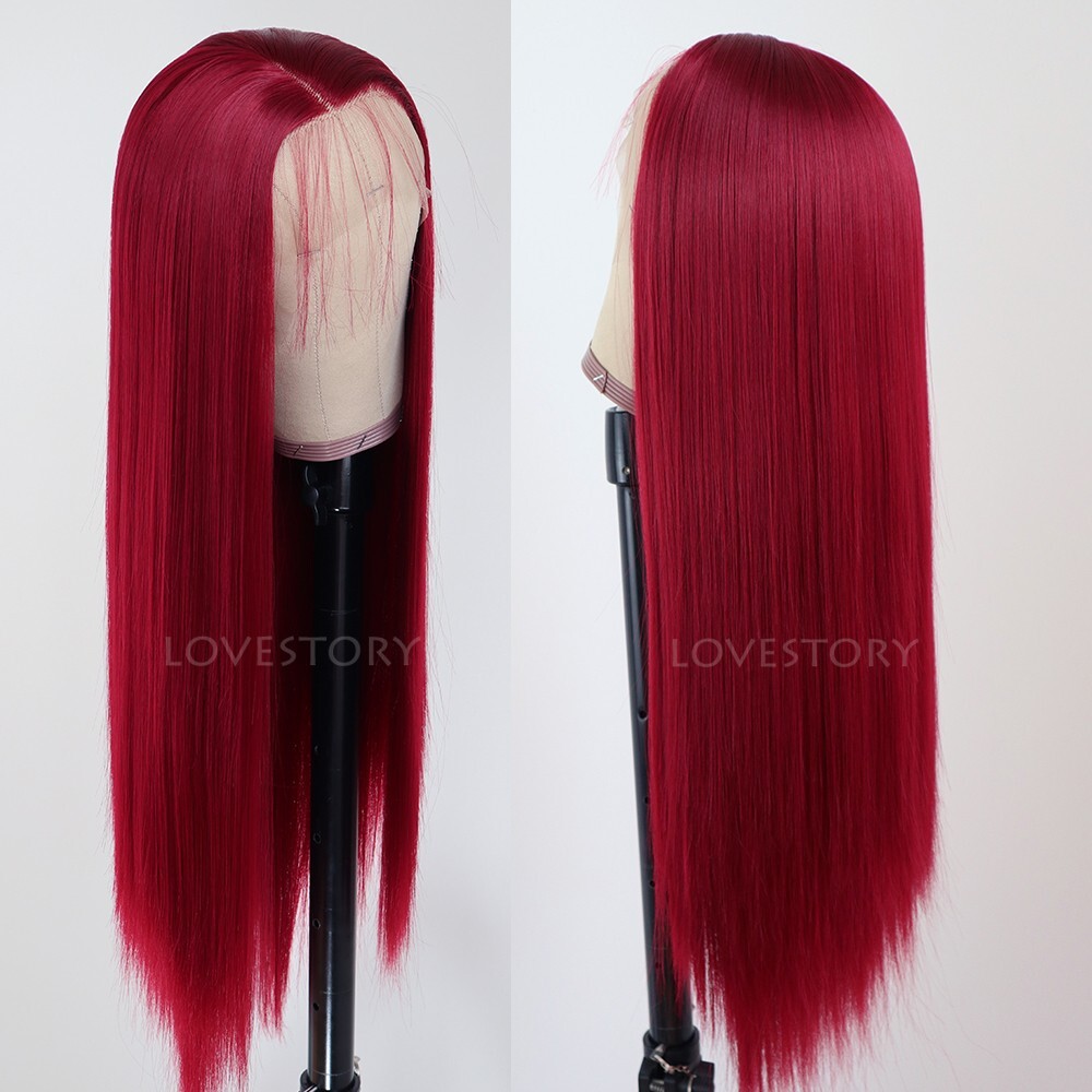 Women Lace Front Wig Red Long Straight Synthetic Hair Wigs Heat Resistant Party