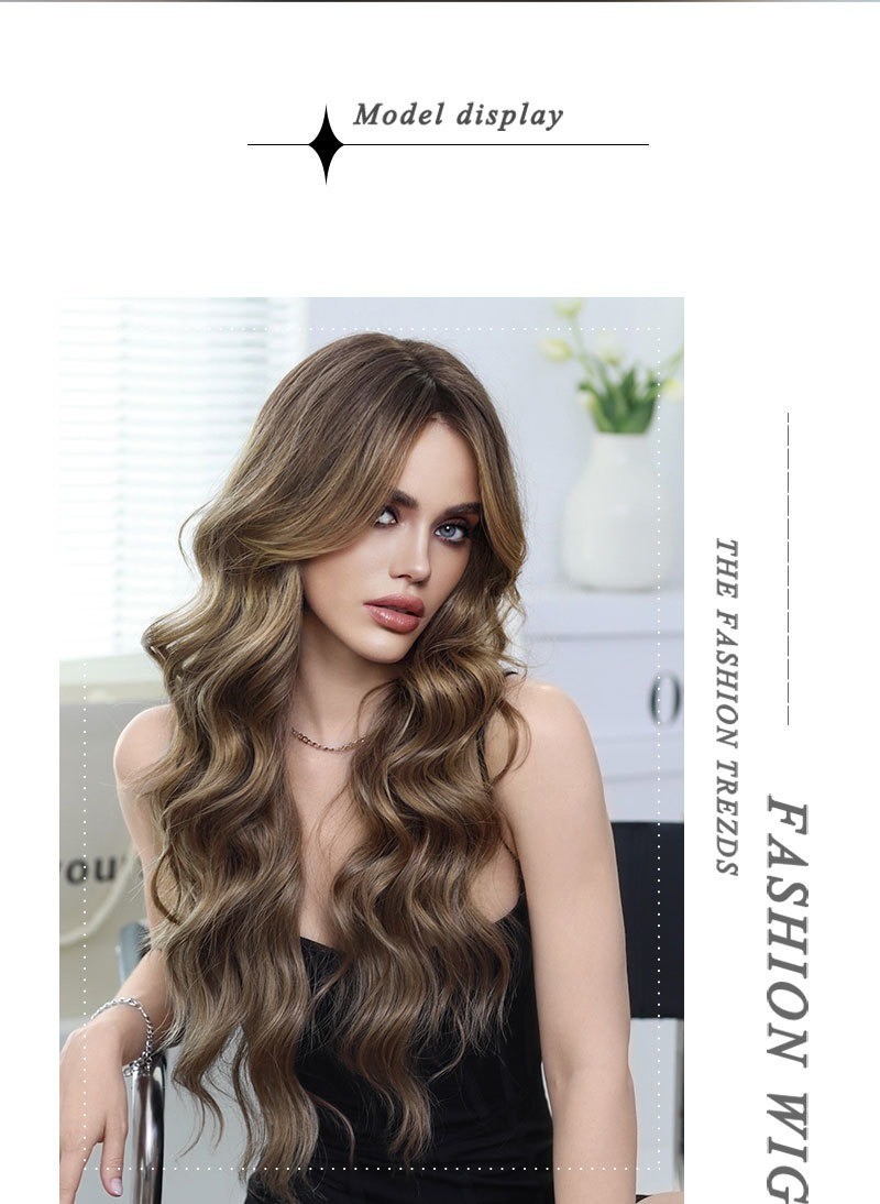 Bronze-golden long curly hair full head cover made of synthetic fiber with waves