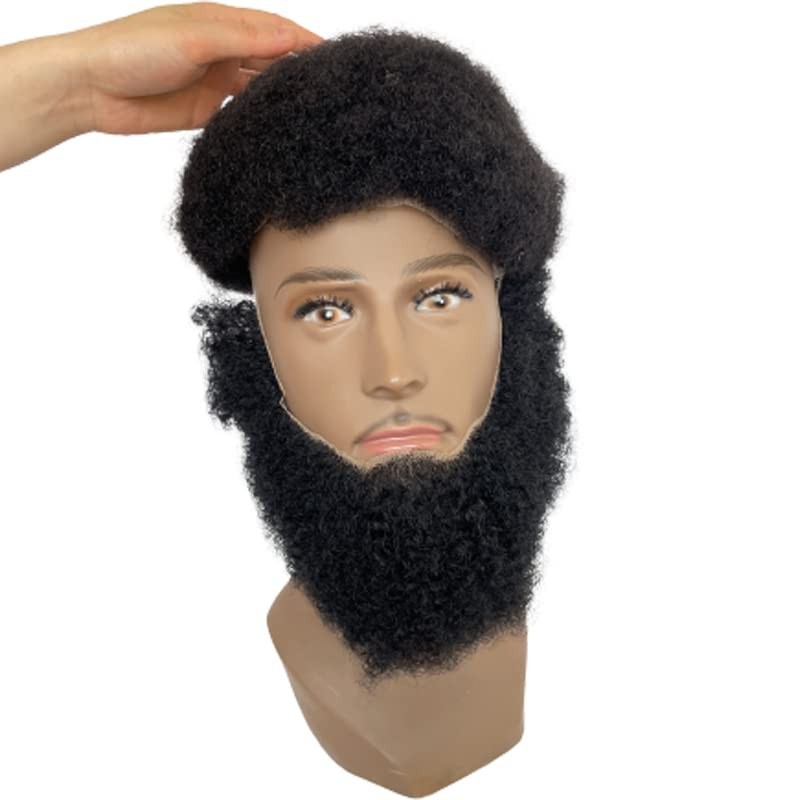 Realistic Human Hair Afro Curl Beard & Mustache System for Black Men – 12×3 Inch