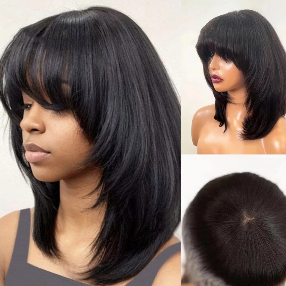 Natural Black Bob with Bangs for Women 100% Human Hair Full Machine Made Wig