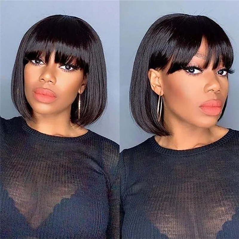 Bone Straight Full Machine Made Bob Wigs with Bangs Brazilian Hair Bob Wigs