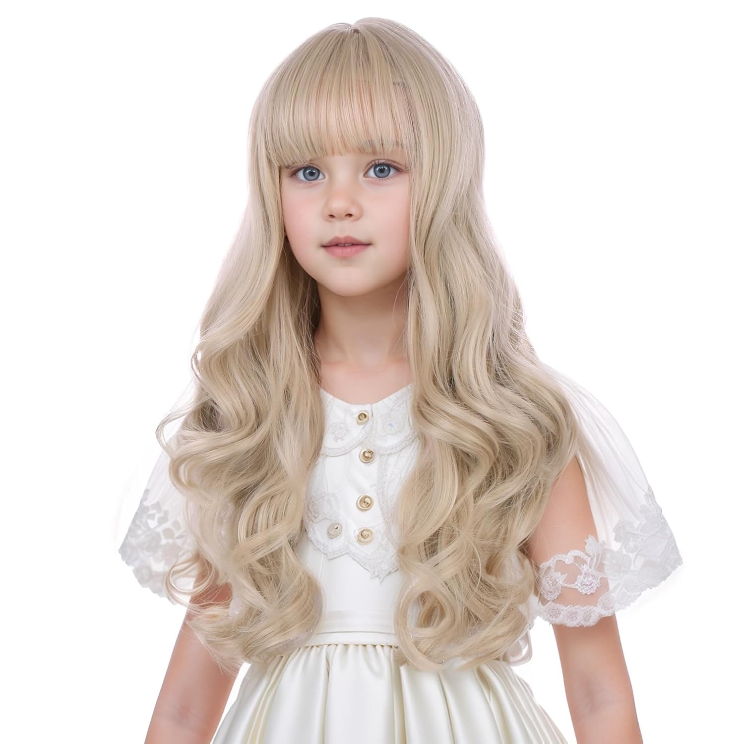 Children Light Blonde Wig Long Blonde Wig with Bangs for Girls Kids Wavy Curly W
