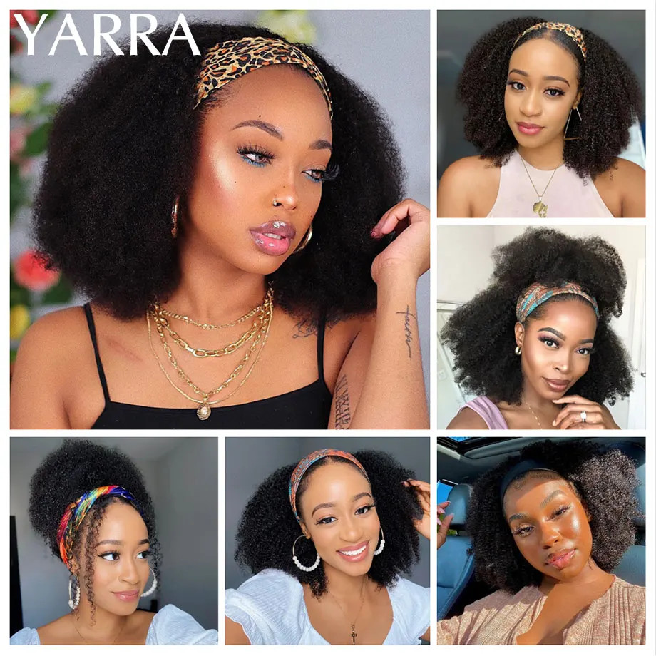 Afro Kinky Curly Human Hair Headband Wig For Black Women 180% Density Glueless