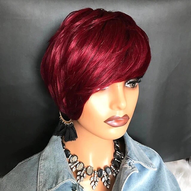 Short Burgundy Red Pixie Cut 100% Human Hair Wigs with Long Side Bangs None Lace