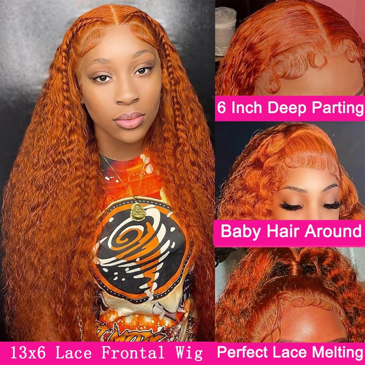 30″ Ginger Lace Front Wig Human Hair 13×6 Deep Wave Pre Plucked 180% Density Cur