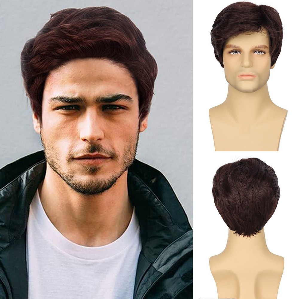 6in Men’s Short Brown Black Straight Wig Full Heat Resistant Synthetic Party