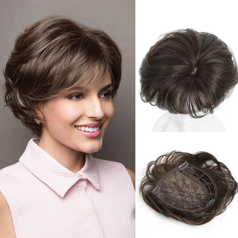 Women Synthetic Hair Topper Short Curly Wiglet Clip In Crown Gray Black New