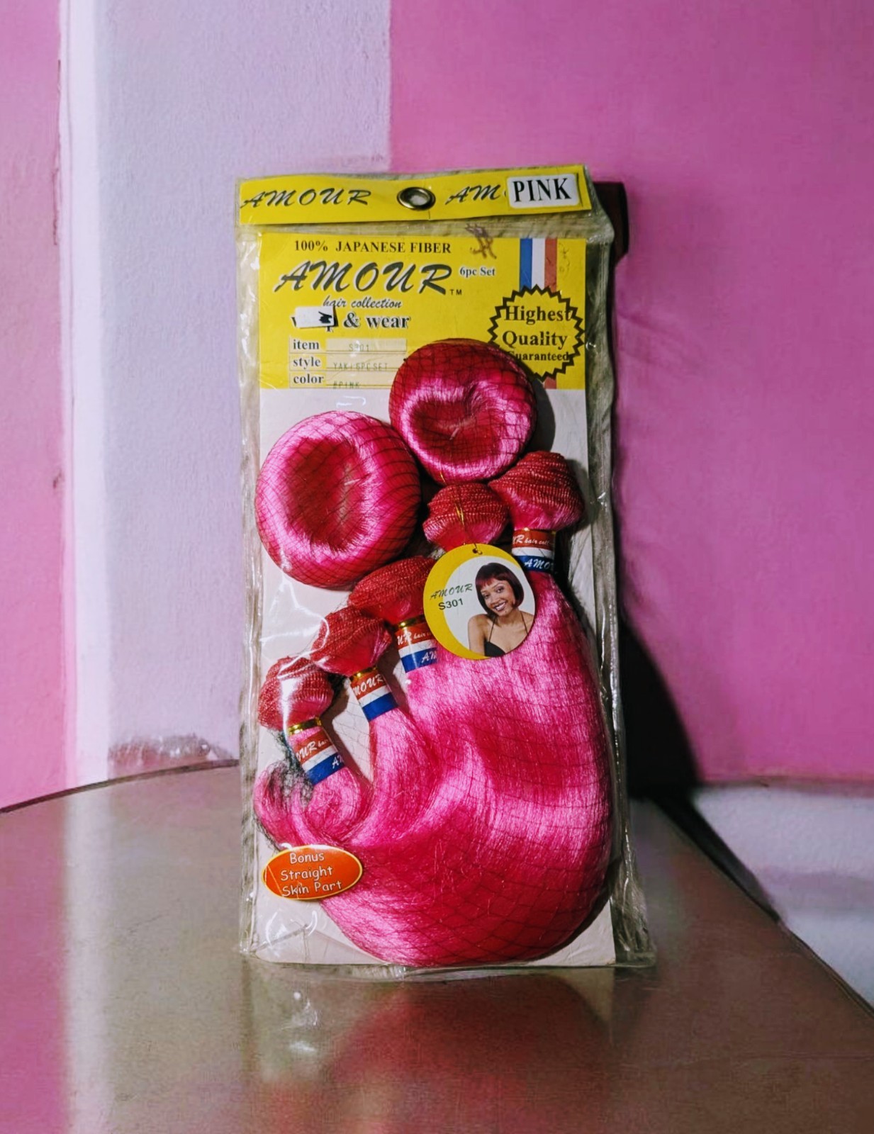 AMOUR Pink 6 Piece Hair Collection Wrap & Wear Faux Hair Wig 100% Japanese Fiber