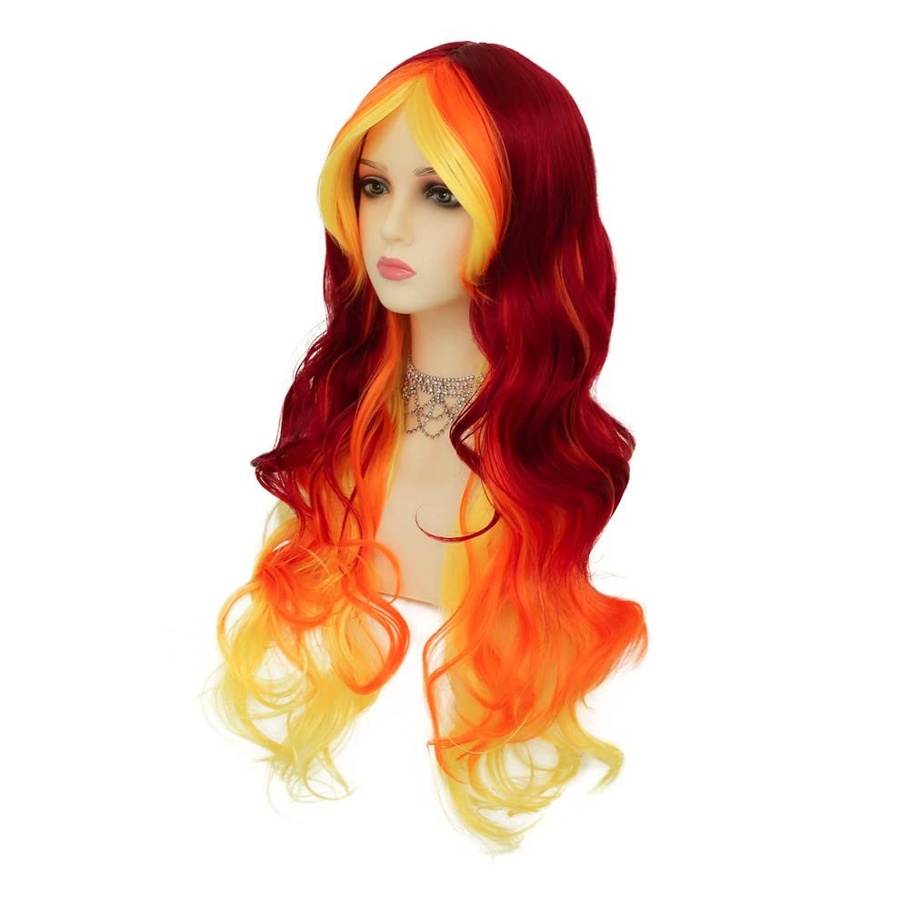 Orange Yellow and Red Wigs Colorful Long Curly Wavy Women Cosplay Costume Wig…