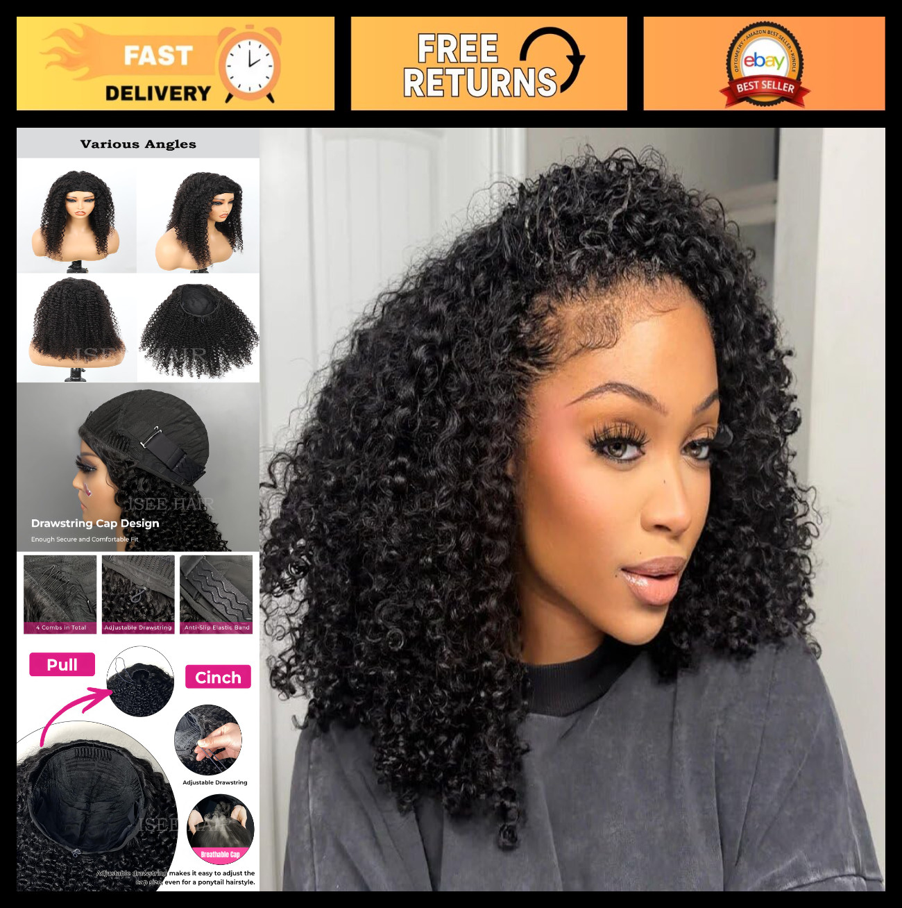 Kinky Curly Half Wig Human Hair 180% Density 16″ Glueless Clip-In Drawstring