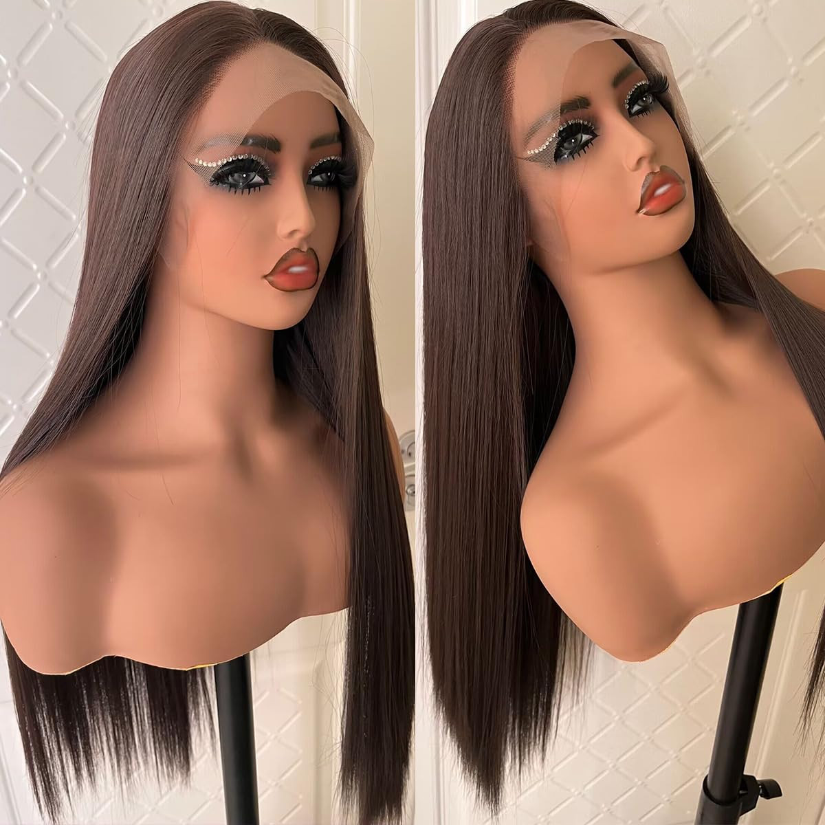 Synthetic Lace Front Auburn Wig Pre Plucked Dark Brown Glueless Wigs for Black W