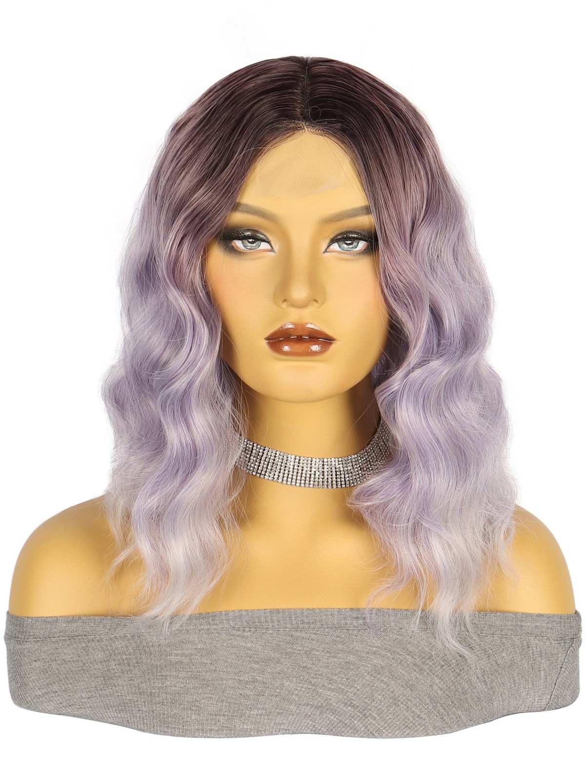 Brown Highlight Short Water Wave Curly Small Lace Synthetic Wig Heat Resistant