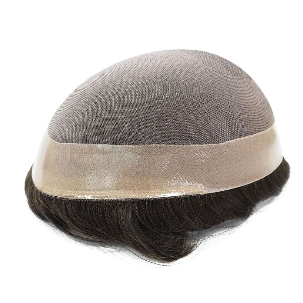 Mens Human Hair Replacement System Hairpiece Mono Poly Skin Toupee Dark Brown#2