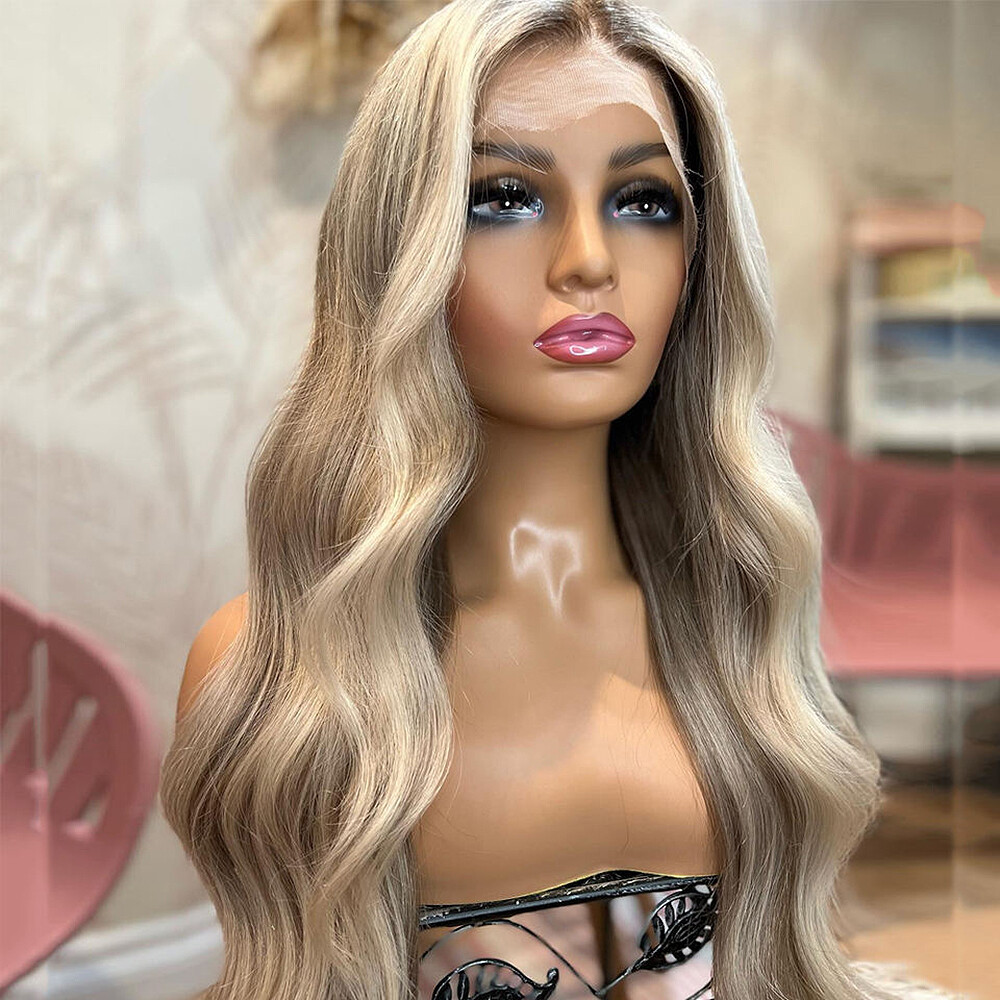 Highlight Blonde Lace Front Wigs 13×4 Human Hair Brown Roots Loose Body Wavy