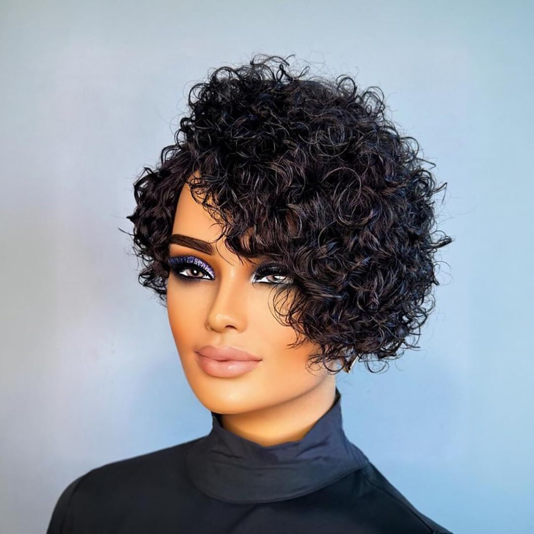 Kinky Curly Real Human Hair Wigs for Women Pixie Cut Wigs for Black Women 6inch