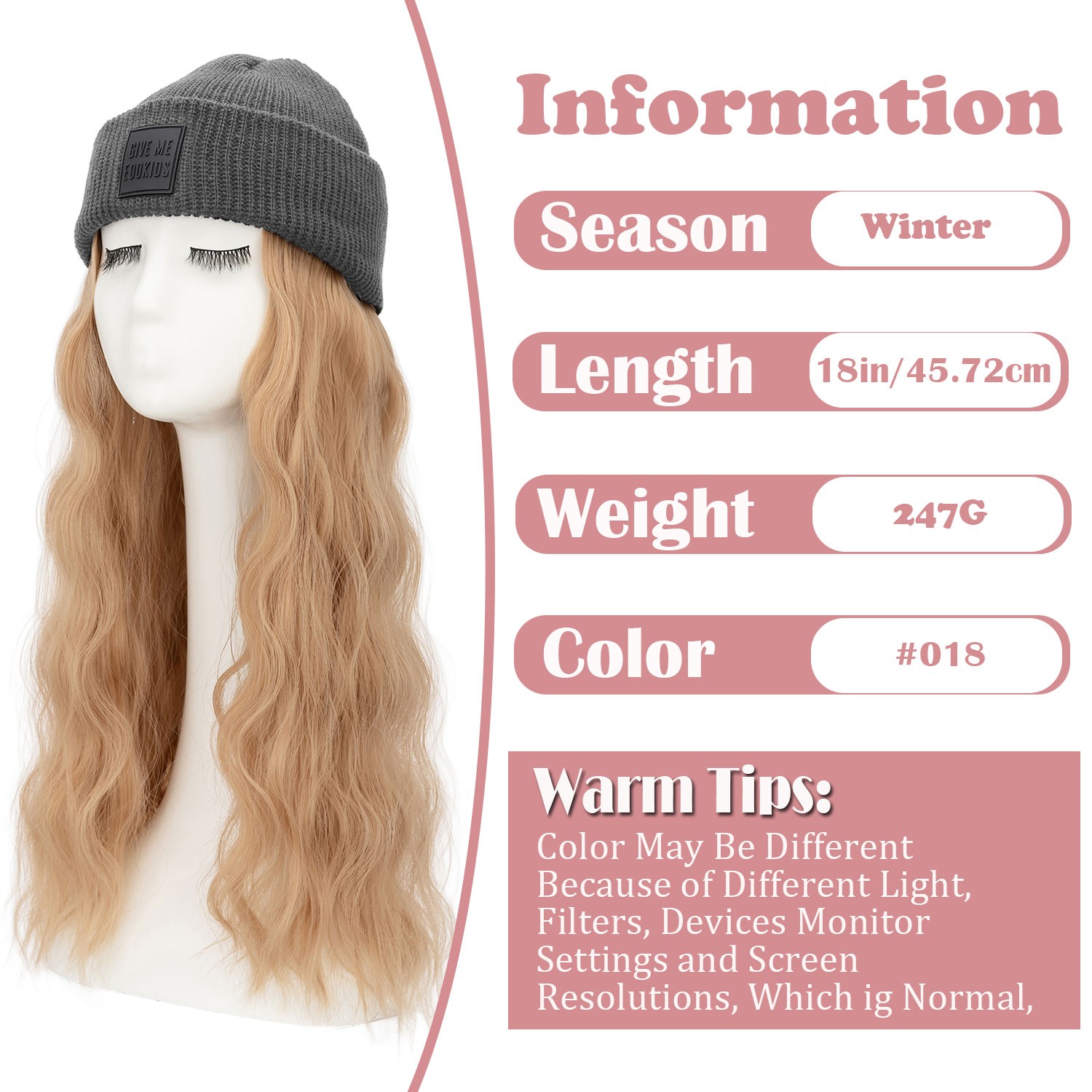 Winter Synthetic Women Long Wavy Beanie Knitted Hat Wig with Synthetic Hair Wigs