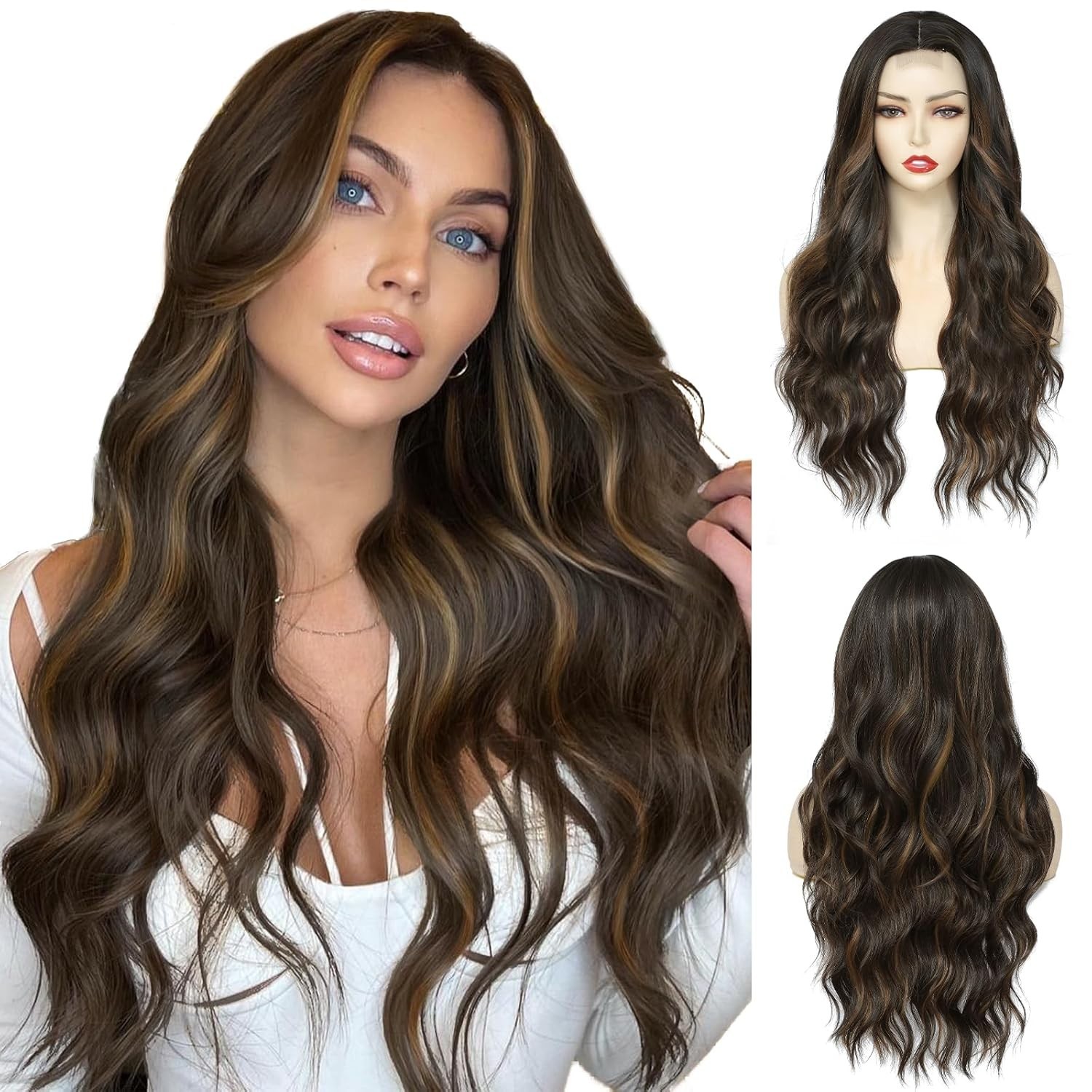 Dark Brown Caramel Highlight Layered Wavy w/ Bangs 26in Women Premium Hair Wig