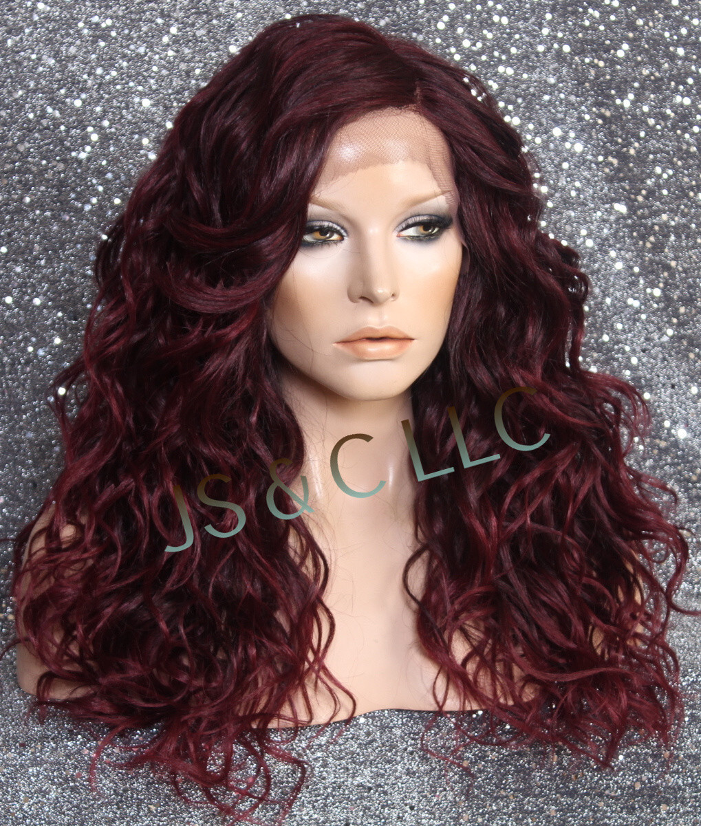 Human Hair Blend Long HEAT OK Full Lace Front Wig Burgundy mix wavy WEYC 1B-burg